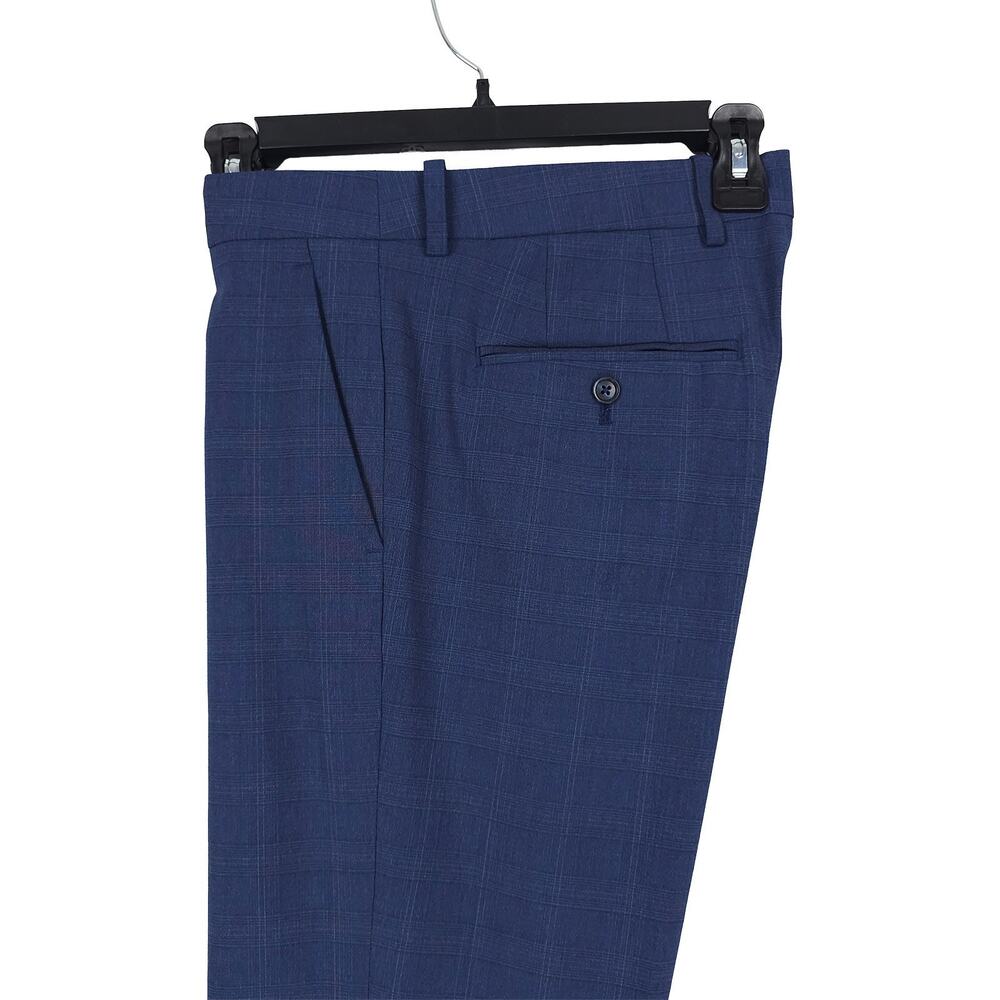 Perry Ellis Portfolio Mens Modern Fit Dress Pants 34x32 Navy Blue Plaid Stretch